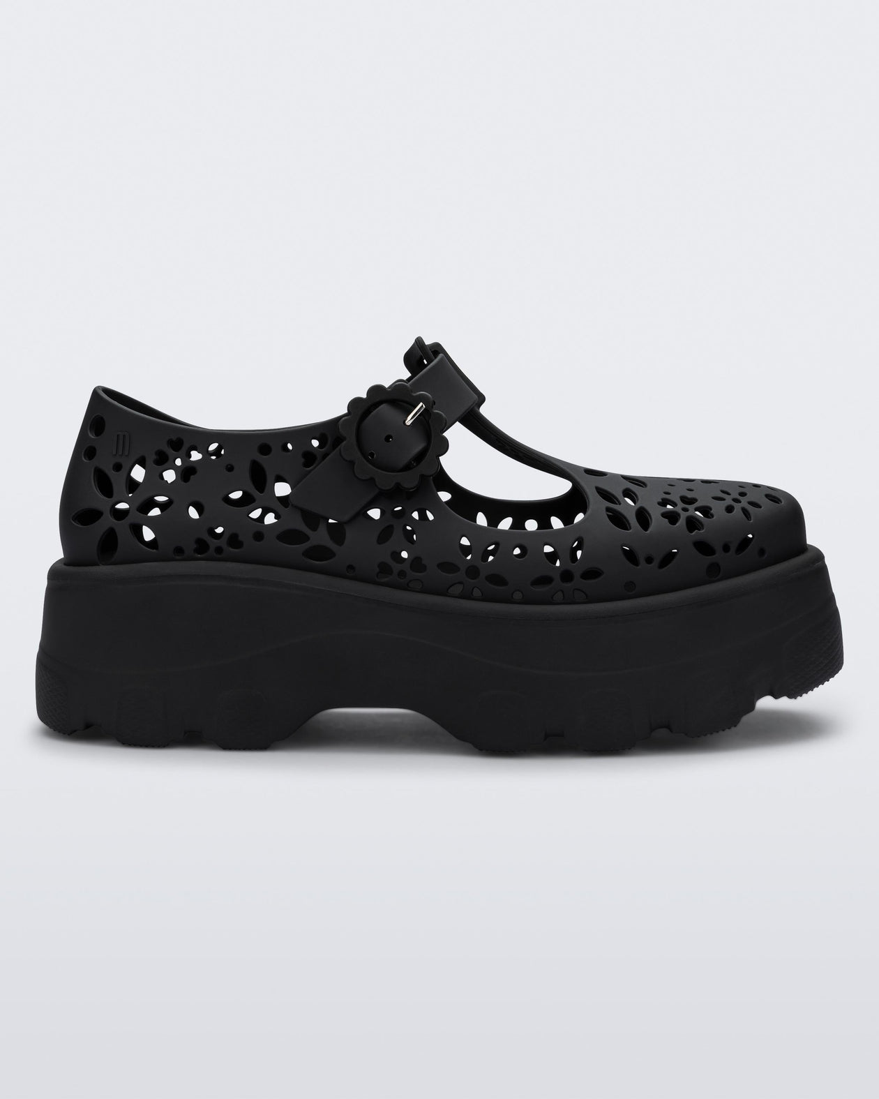Side view of a black Kick Off Lace women's platform shoe with buckle.