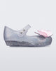 Side view of a silver glitter Ultragirl Butterfly baby ballerina flat with pink butterflies