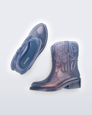 Top and side view of a pair of glitter blue Texas kids boots