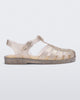 Side view of a glitter beige Possession sandal