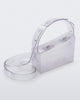 Angled view of a clear Clear Bag with strap