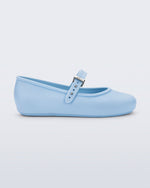 Side view of a pair of blue Soft Ballerina kids flat