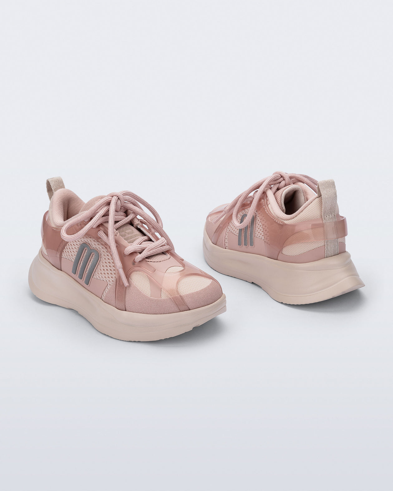 Back and angled view of a pair of pink X Beat kids sneakers
