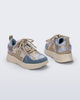 Back and angled view of a pair of blue X Beat kids sneakers with beige trim