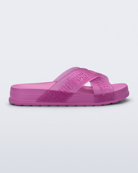 Side view of a pink Cozy M Lover Slide with Melissa on the upper