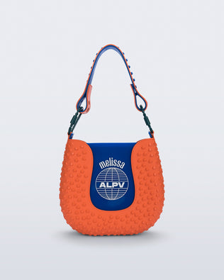 Back view of an orange Nina Bag + Alexandre Pavao shoulder bag with blue accents