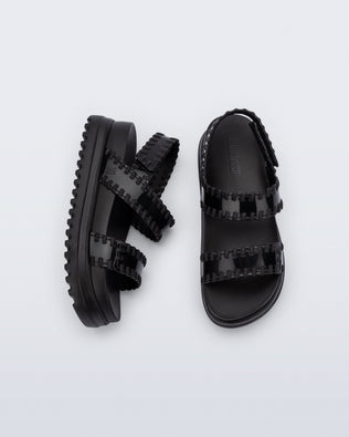 Top and side view of a pair of black Dune Platform Sandals with faux stitching on the straps