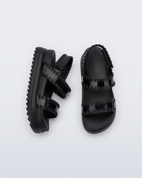 Top and side view of a pair of black Dune Platform Sandals with faux stitching on the straps