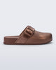 Side view of a copper Cozy Clog with buckle decoration