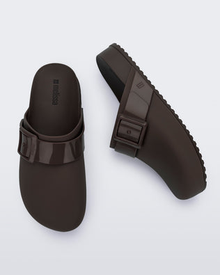 Side and top view of a brown Cozy Clog
