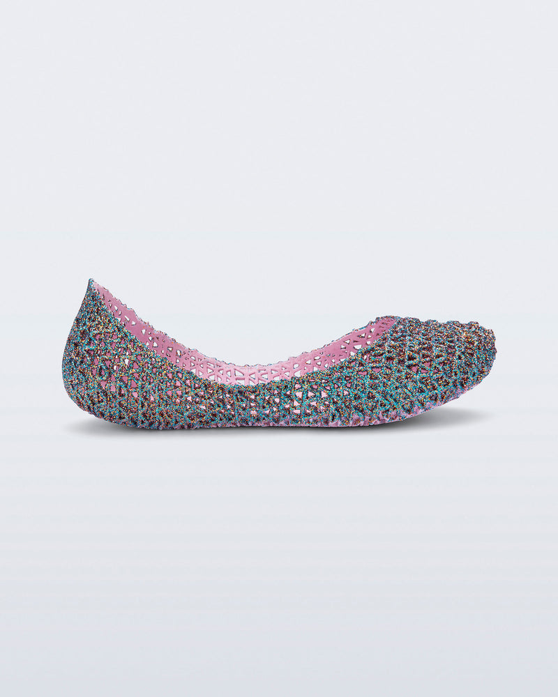 Side view of a pink multicolor glitter Campana kids flat