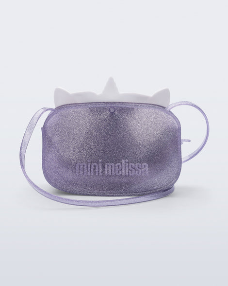 Back view of a lilac glitter Dreamy Unicorn kids bag with a unicorn face on front with lilac hair