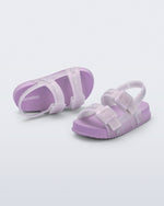 Top and angled view of a pair of lilac Cozy M Lover baby sandals