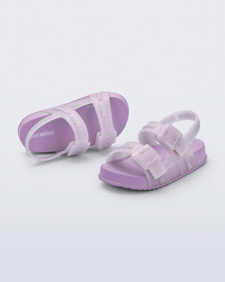 Top and angled view of a pair of lilac Cozy M Lover baby sandals