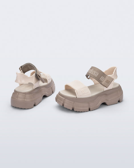 Back and side view of a pair of beige Pulse platform sandals with greige top strap