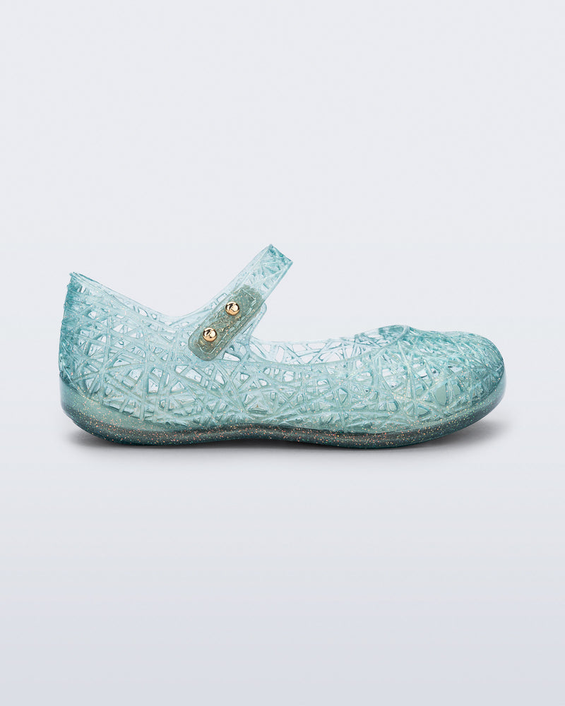 Side view of a glitter blue green Campana Zip Zag baby flat
