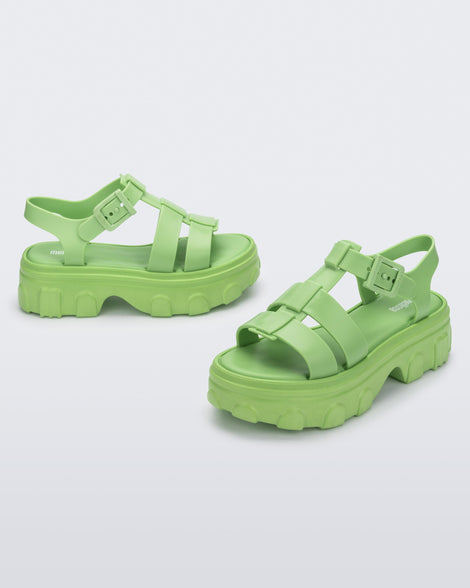 Side and front view of a pair of green Ella women's platform sandals