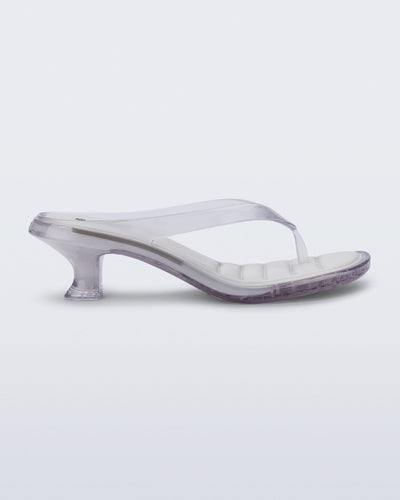 Side view of a clear Flip Flop Kitten Heel with  white insole
