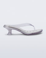 Side view of a clear Flip Flop Kitten Heel with  white insole