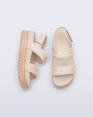 Top and side view of a pair of beige Dune Platform Sandals with faux stitching on the straps