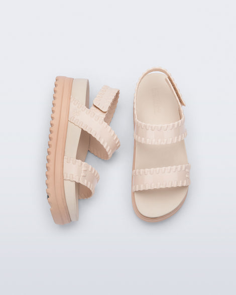 Top and side view of a pair of beige Dune Platform Sandals with faux stitching on the straps