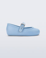 Side view of a pair of blue Soft Ballerina baby flat