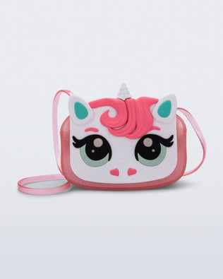 Front view of a pink glitter Dreamy Unicorn kids bag with a unicorn face on front with pink hair