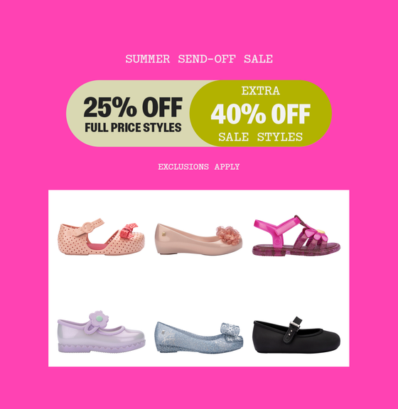 Promotional sale graphic with text reading 'SUMMER SEND-OFF SALE,' '25% OFF FULL PRICE STYLES,' and 'EXTRA 40% OFF SALE STYLES' on a bright pink background, above a white panel showing six children's shoes in assorted colors.