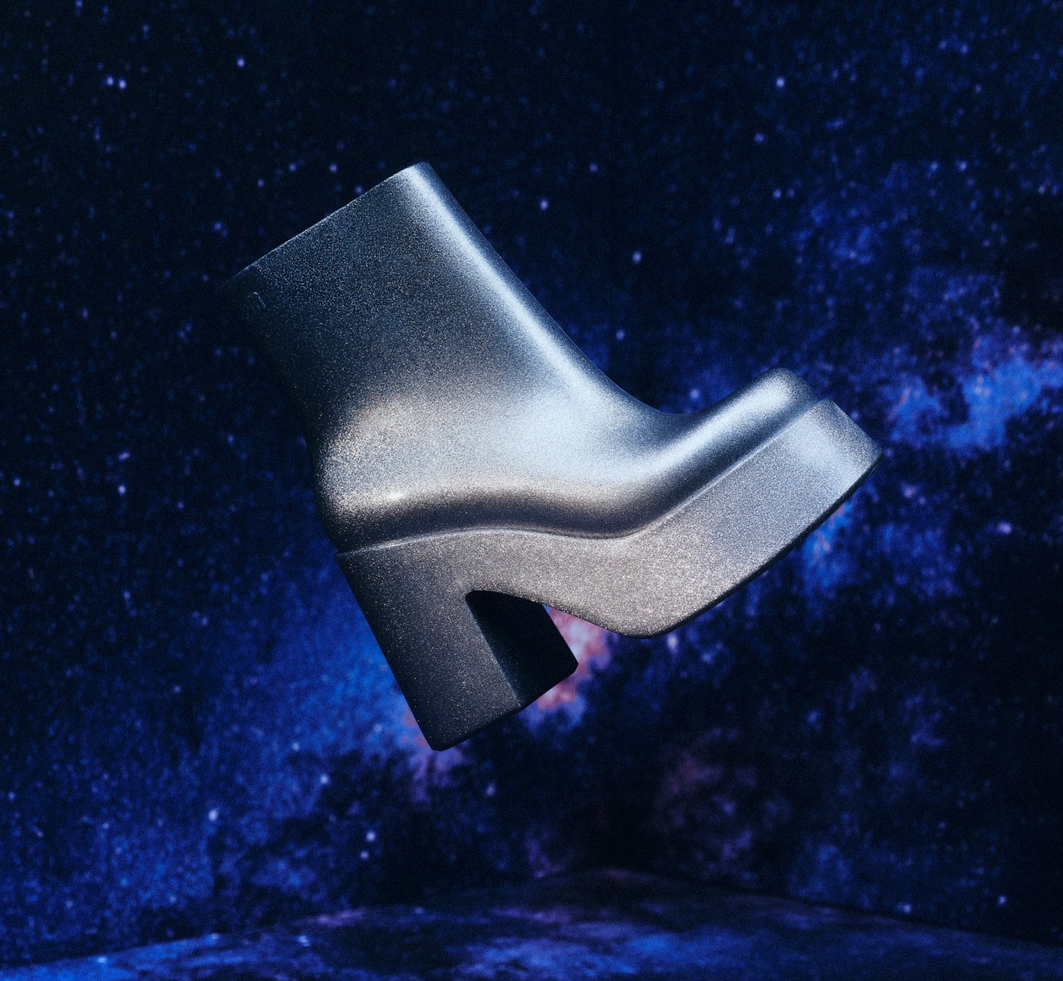 Silver Nubia boot floating in outer space