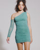 Video with no sound of a model in a teal dress with a pair of beige Mule platforms