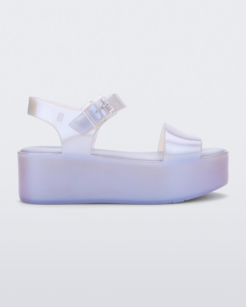 Side view of a pearly blue Melissa Mar Platform sandal with two straps.