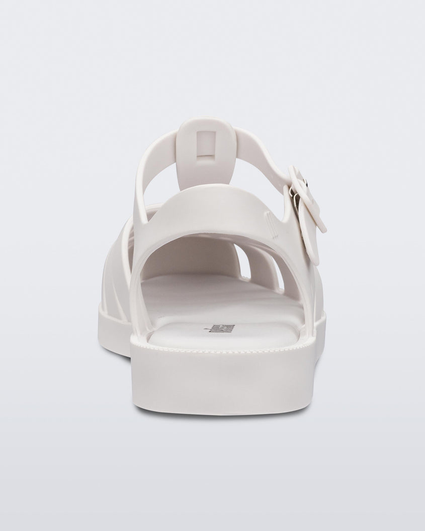 Back view of a white Melissa Possession sandal with several straps and a closed toe front.