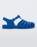 Side view of a Melissa Possession fisherman sandal in blue, with cut out fishermen strap detail and clear buckle closure