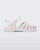 Side view of a white Mini Melissa Possession sandal with several straps and a white base.