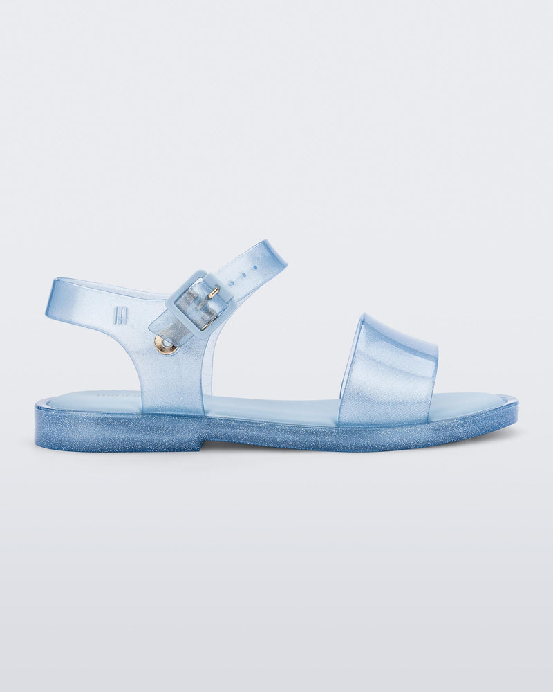 Side view of a blue glitter Mini Melissa Mar Sandal.