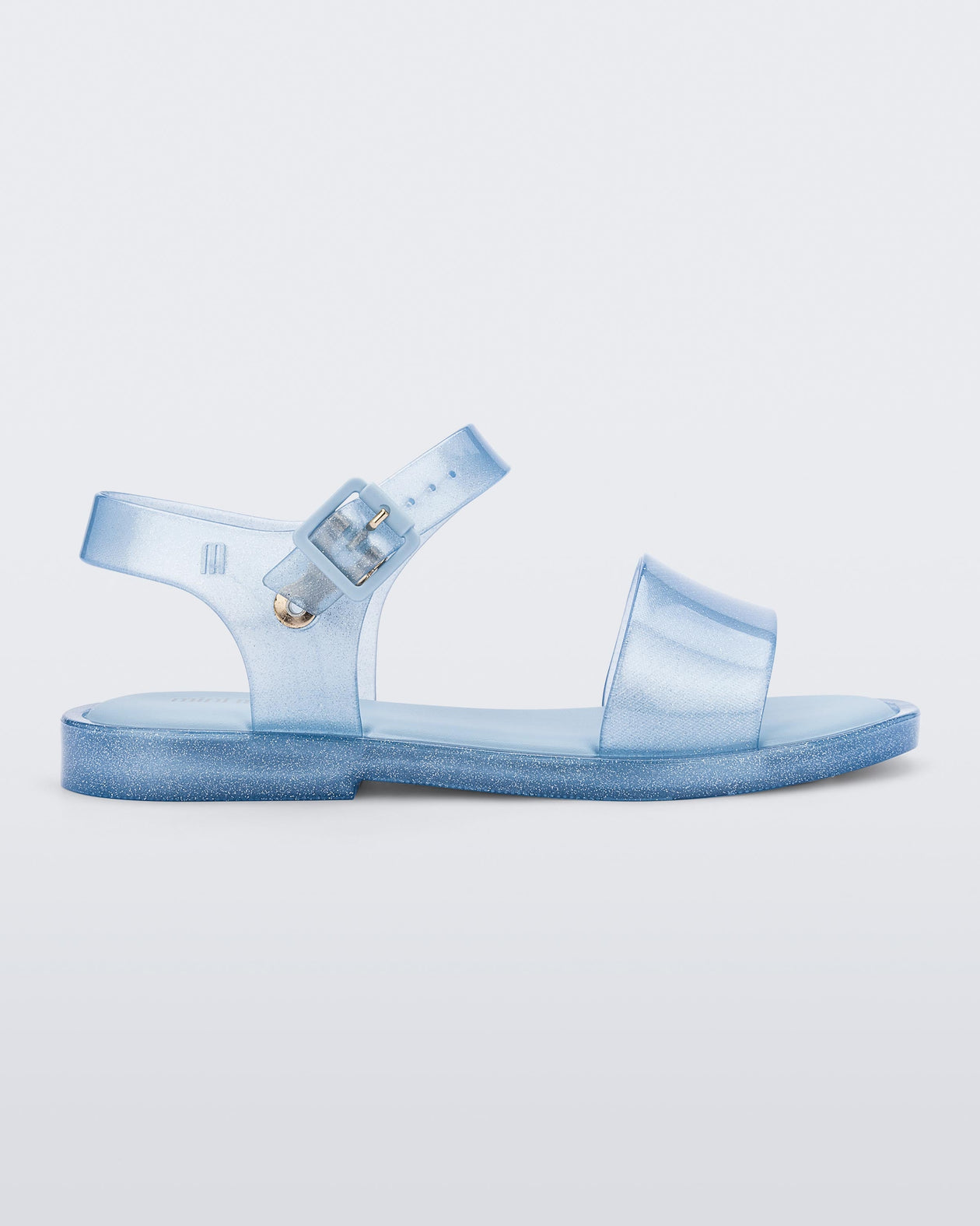 Side view of a blue glitter Mini Melissa Mar Sandal.