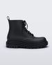Side view of a matte black Melissa Coturno boots with a black base, laces and sole.