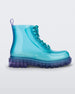 Side view of a clear lilac / blue Melissa Coturno boot with a clear blue base, blue laces and a clear lilac sole.