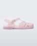 Side view of a Melissa Possession fisherman sandal in pink with cut out lace detail on the straps.