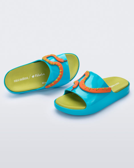 Angled view of a pair of blue/green Cloud + Fábula kids slides