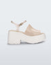 Side view of a White/Beige Melissa Pose platform sandal with a beige front strap, a clear beige ankle strap and a white sole.