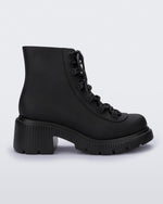 Side view of a matte black Melissa Cosmo boots with a black base, laces and heel sole, laying on their side.
