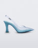 Side view of a Melissa Slingback shoe in transparent Blue with a pointed toe and square shaped heel