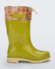 A green Mini Melissa rain boot with a floral-patterned collar and the brand name 'melissa' visible on the side.