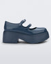 Side view of a blue Melissa Farah platform shoe with two straps fastened by blue buckles.