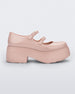Side view of a pink Melissa Farah platform shoe with two straps fastened by pink buckles.