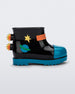 Side view of a blue/black Mini Melissa Rain Boot with a black base, blue toe, blue sole, and a planet, star and fire detail on the side and back.
