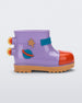 Side view of a carmel/lilac/red Mini Melissa Rain Boot with a lilac base, red toe, brown sole, and a planet, star and fire detail on the side and back.