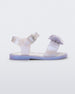 Side view of a pearly blue Mini Melissa Mar Sandal with a heart shaped bow and buckle.