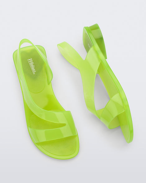 A top and side view of a pair of green Melissa The Real Jelly Paris sandals with two front straps and an ankle strap.